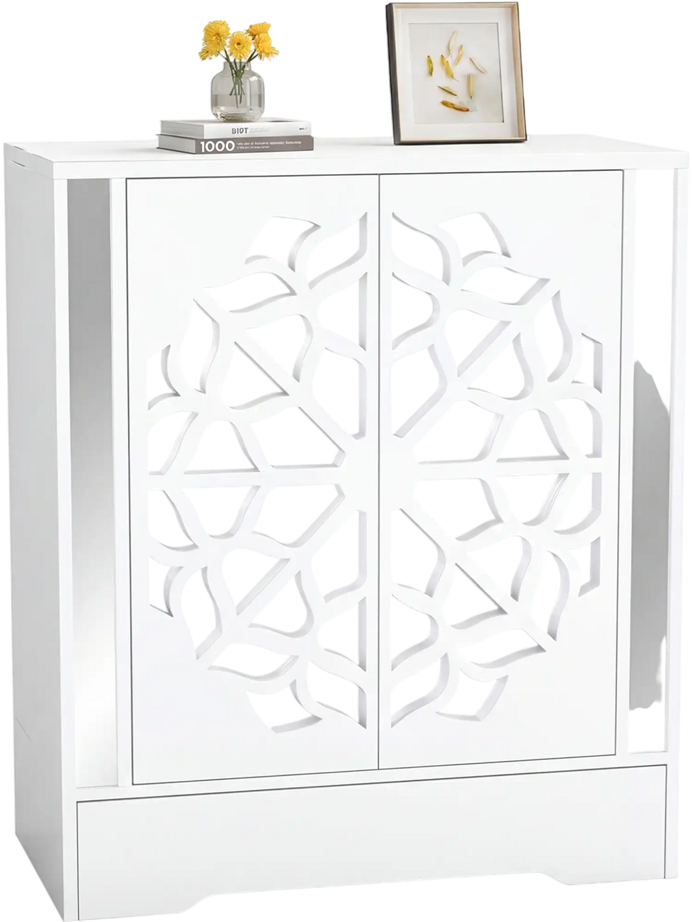 White mirrored shoe cabinet with hollow-carved doors, 4-tier storage, and large drawer for entryway organization.
