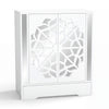 White mirrored shoe cabinet with hollow-carved doors, spacious shelves, and large drawer for stylish shoe storage.