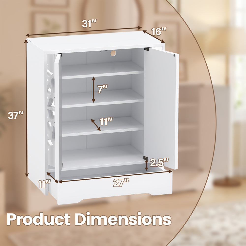 Dimensions of the white mirrored shoe cabinet with 4 tiers, showcasing spacious shelves and a large drawer for storage.