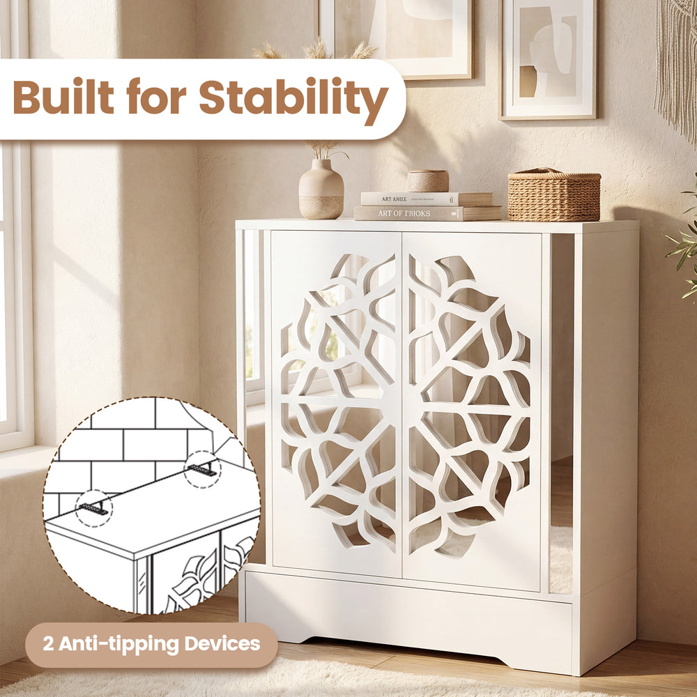 Mirrored shoe cabinet with hollow-carved doors, 4 tiers, and large drawer for stylish shoe storage in white.