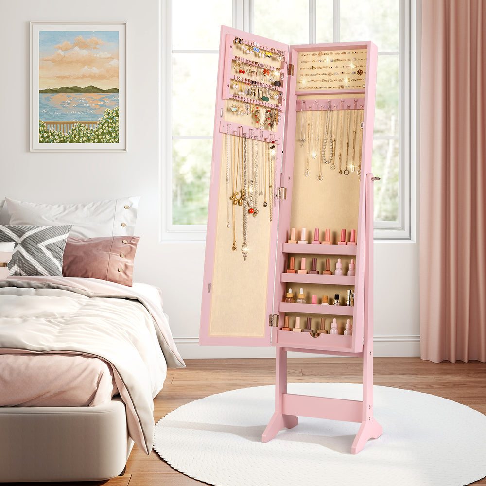 Mirrored Standing Jewelry Cabinet Storage Box-Pink - Gallery View 1 of 10