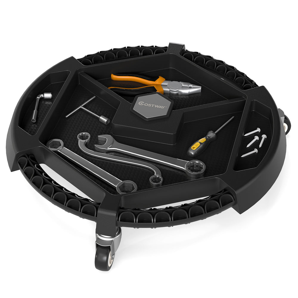 Mobile automotive tool creeper in black with 4 compartments, 360° swivel casters, ideal for garages and workshops.