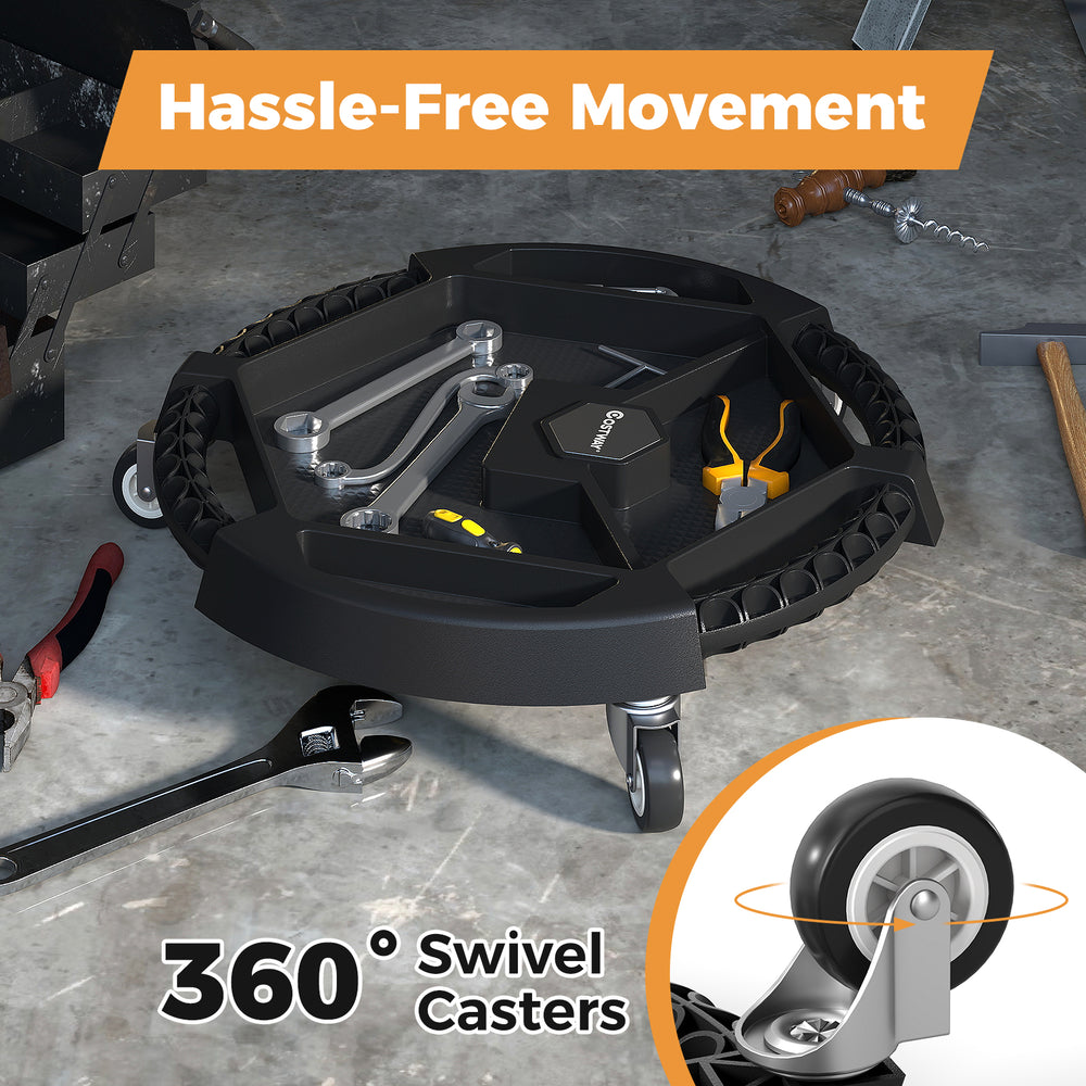 Mobile automotive tool creeper with 360° swivel casters and four compartments for organized tool storage in workshops.