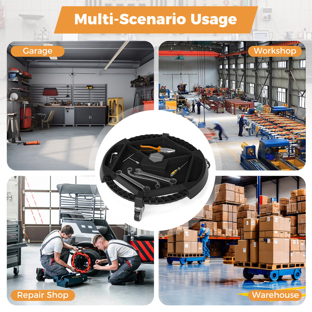 Mobile automotive tool creeper in black with 3 swivel casters and 4 compartments, ideal for garage and workshop use.