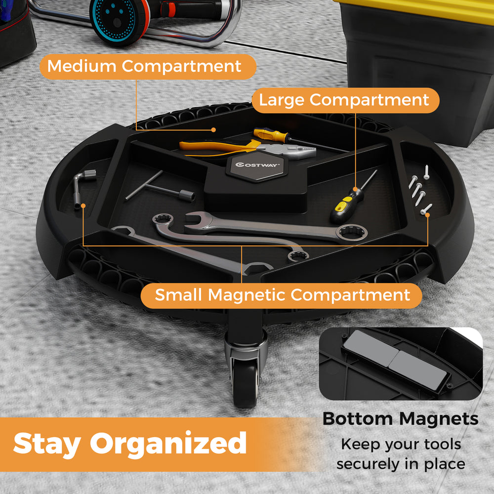 Mobile automotive tool creeper with compartments and bottom magnets for secure tool storage, ideal for garages and.
