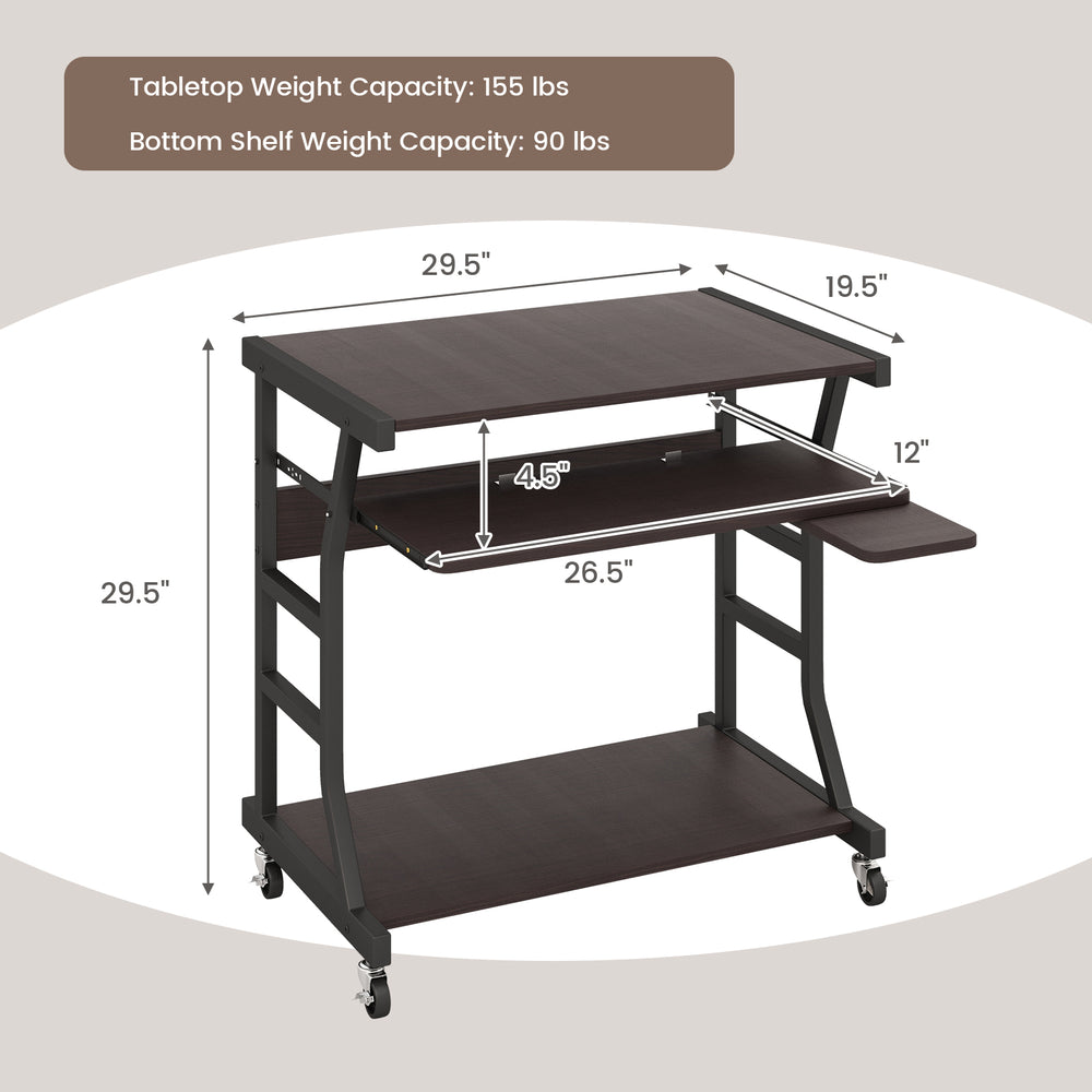 Mobile computer desk in dark brown with keyboard tray, mouse tray, and bottom shelf for versatile workspace solutions.