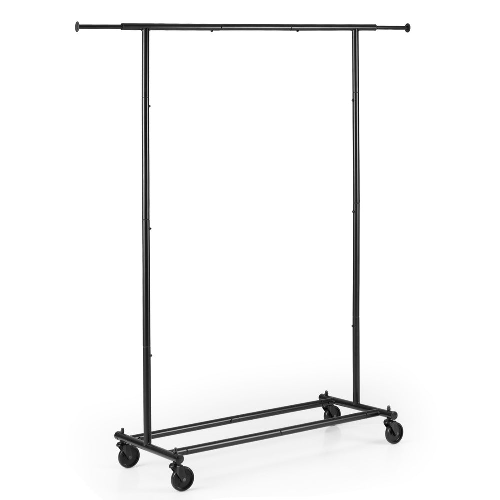 Mobile garment rack with extendable rods, heavy-duty metal frame on wheels, ideal for laundry rooms and bedrooms.