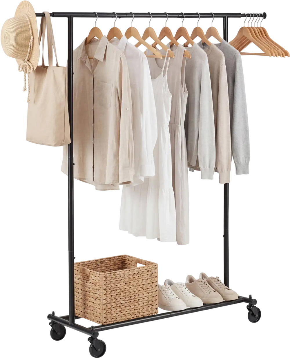 Mobile Garment Rack with Extendable Rods Heavy-Duty Metal Clothes Stand on Wheels