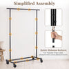 Mobile garment rack with extendable rods, heavy-duty metal frame, and swivel casters for easy mobility in any room.