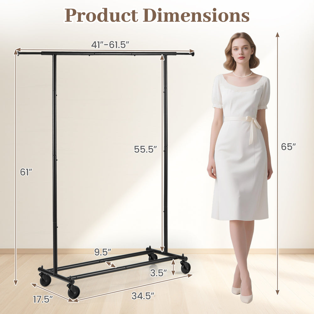 Mobile garment rack with extendable rods, heavy-duty metal frame, and wheels for easy mobility in laundry rooms or.