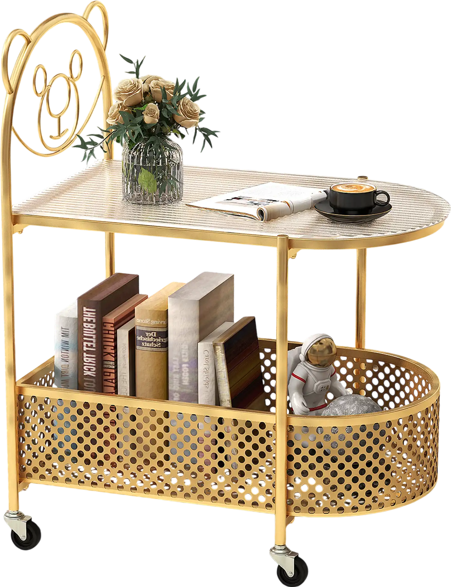 Costway 2-Tier Mobile Glass Coffee Table Bear Pattern Golden 26519348 New