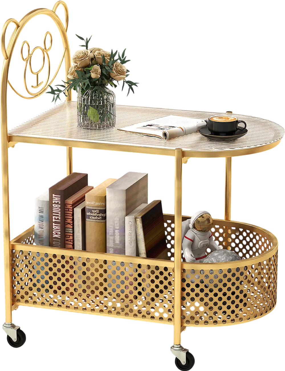 2-tier mobile coffee table with bear pattern, golden metal frame, and tempered glass top for easy movement and.