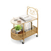2-tier mobile coffee table with bear pattern, golden metal frame, tempered glass top, perfect for organizing and easy.