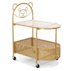 2-tier mobile coffee table with bear pattern in gold, featuring a tempered glass top and rolling casters for easy.