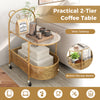 2-tier mobile coffee table with bear pattern, golden frame, tempered glass top, and bottom storage basket for.
