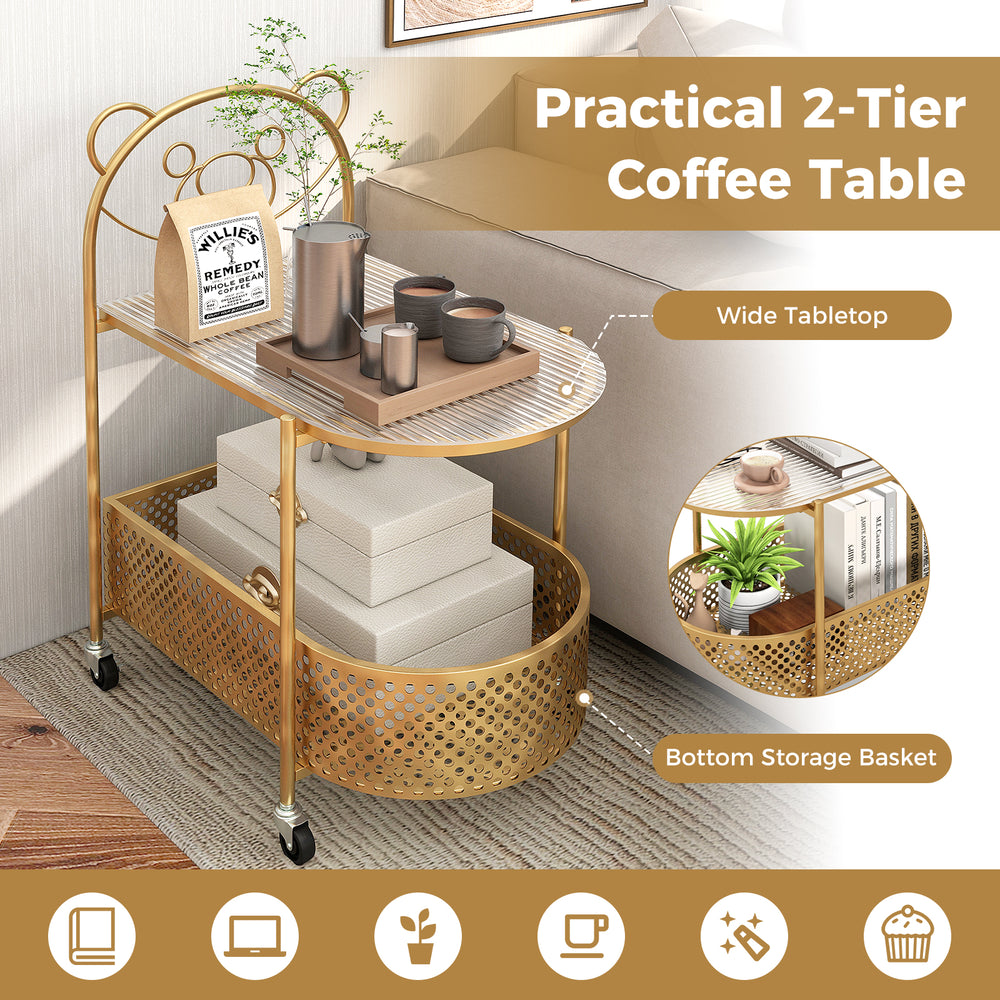 2-tier mobile coffee table with bear pattern, golden frame, tempered glass top, and bottom storage basket for.