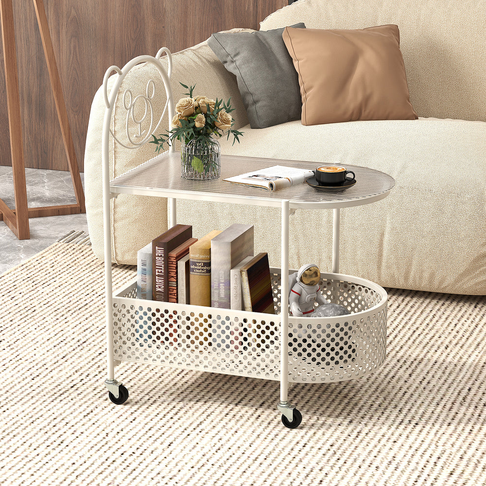 2-Tier Mobile Glass Coffee Table with Bear Pattern-White - Gallery View 1 of 10
