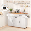 Mobile kitchen island table in white with 360° wheels, trash bag storage, and spacious prep area for dining rooms.