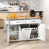 Mobile kitchen island table in white showing trash cabinet, adjustable shelves, and a towel rack for kitchen.
