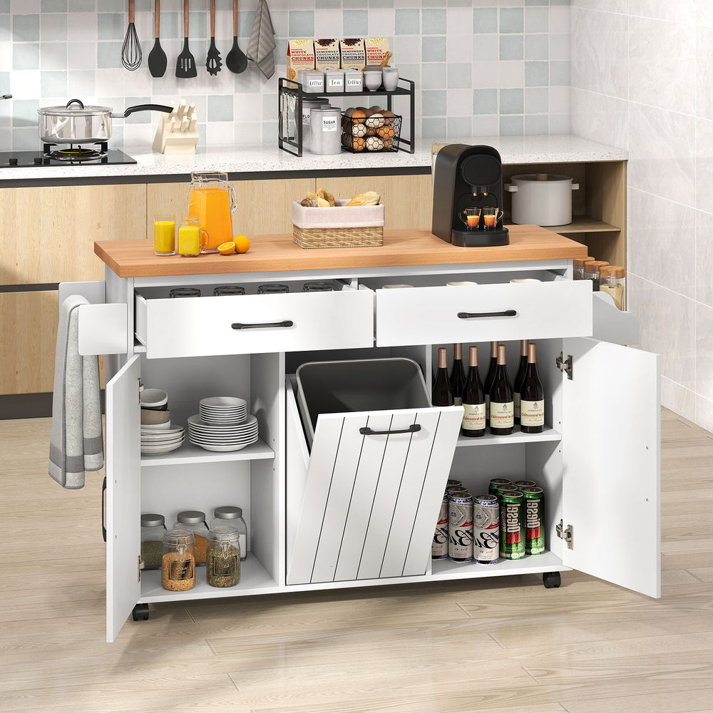 Mobile kitchen island table in white showing trash cabinet, adjustable shelves, and a towel rack for kitchen.