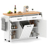 Mobile kitchen island table in white with a spacious top, storage drawers, and trash bag cabinet for dining room.