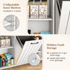 Mobile kitchen island table with hidden trash storage, adjustable shelves, and built-in hooks for garbage bags.