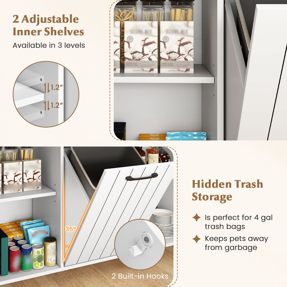 Mobile kitchen island table with hidden trash storage, adjustable shelves, and built-in hooks for garbage bags.