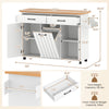Mobile kitchen island table in white with trash bag storage, adjustable shelves, and 360° rotatable wheels for.