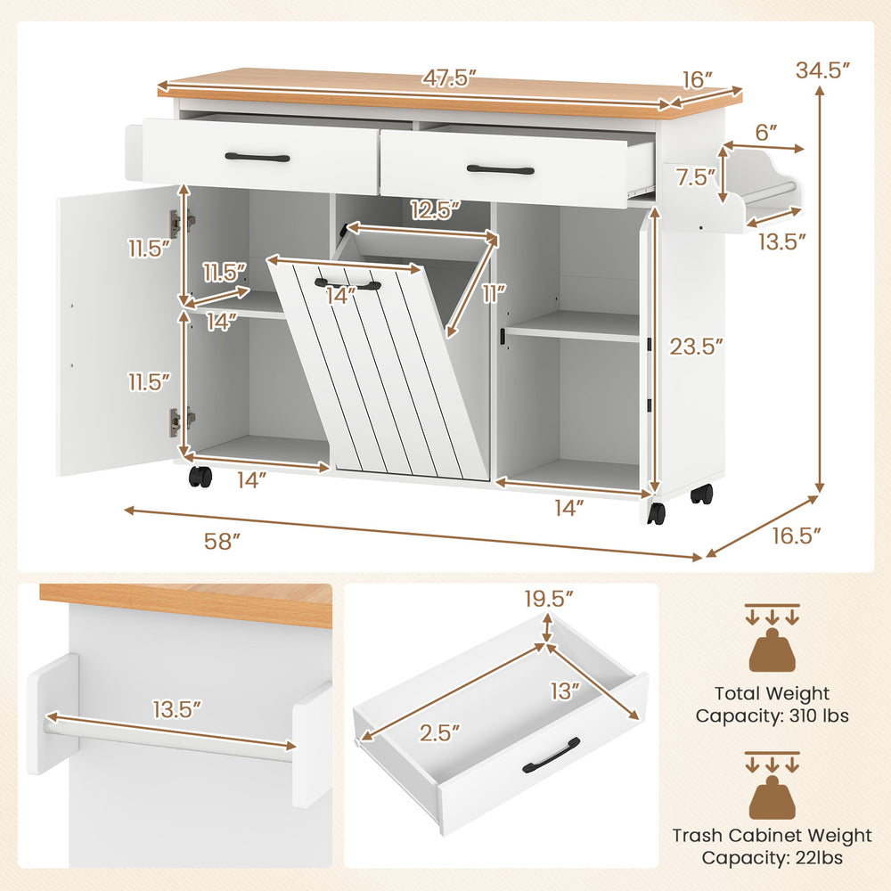 Mobile kitchen island table in white with trash bag storage, adjustable shelves, and 360° rotatable wheels for.