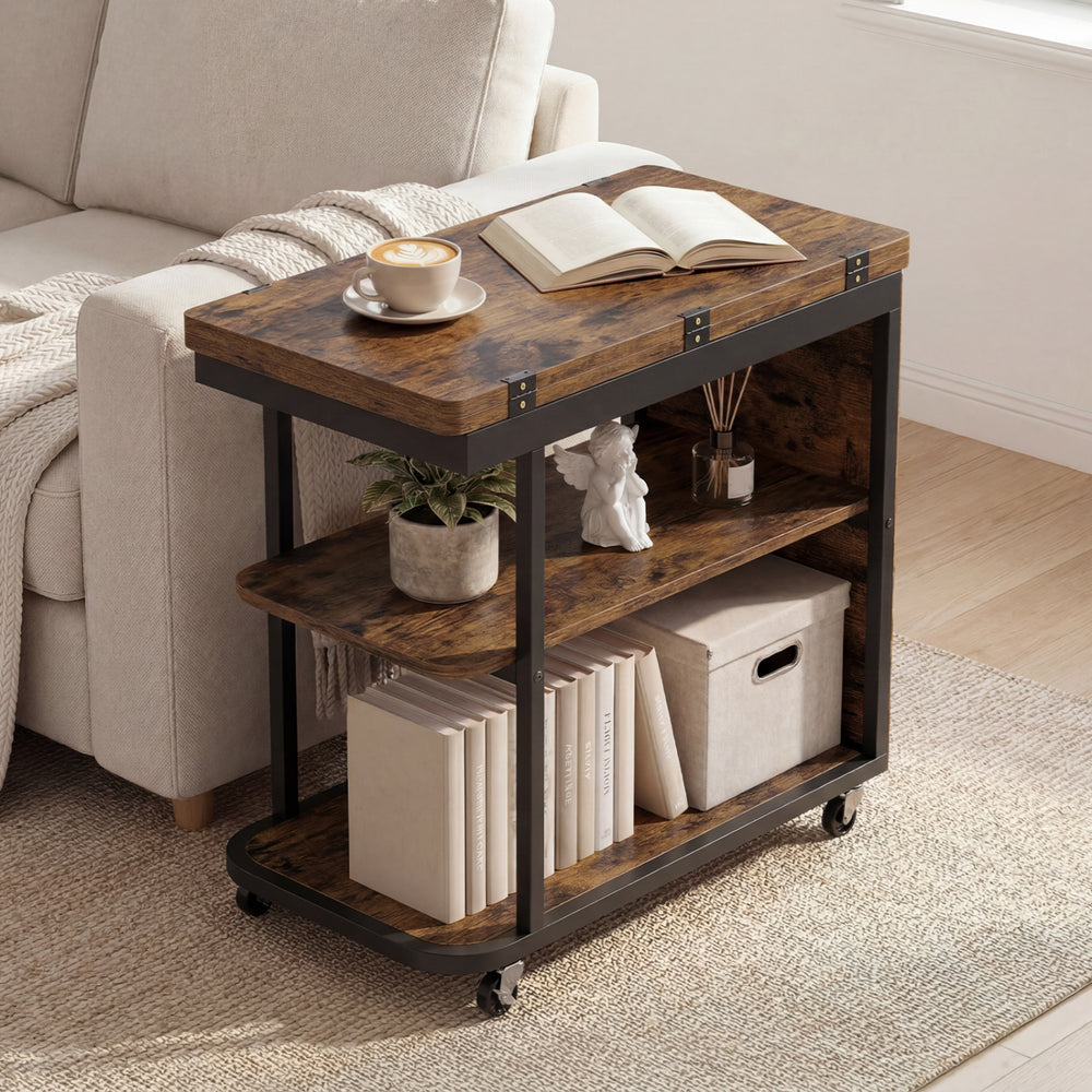 Mobile Night Stand with Foldable Swivel Top and 2-Tier Shelf for Small Spaces-Rustic Brown - Gallery View 1 of 11