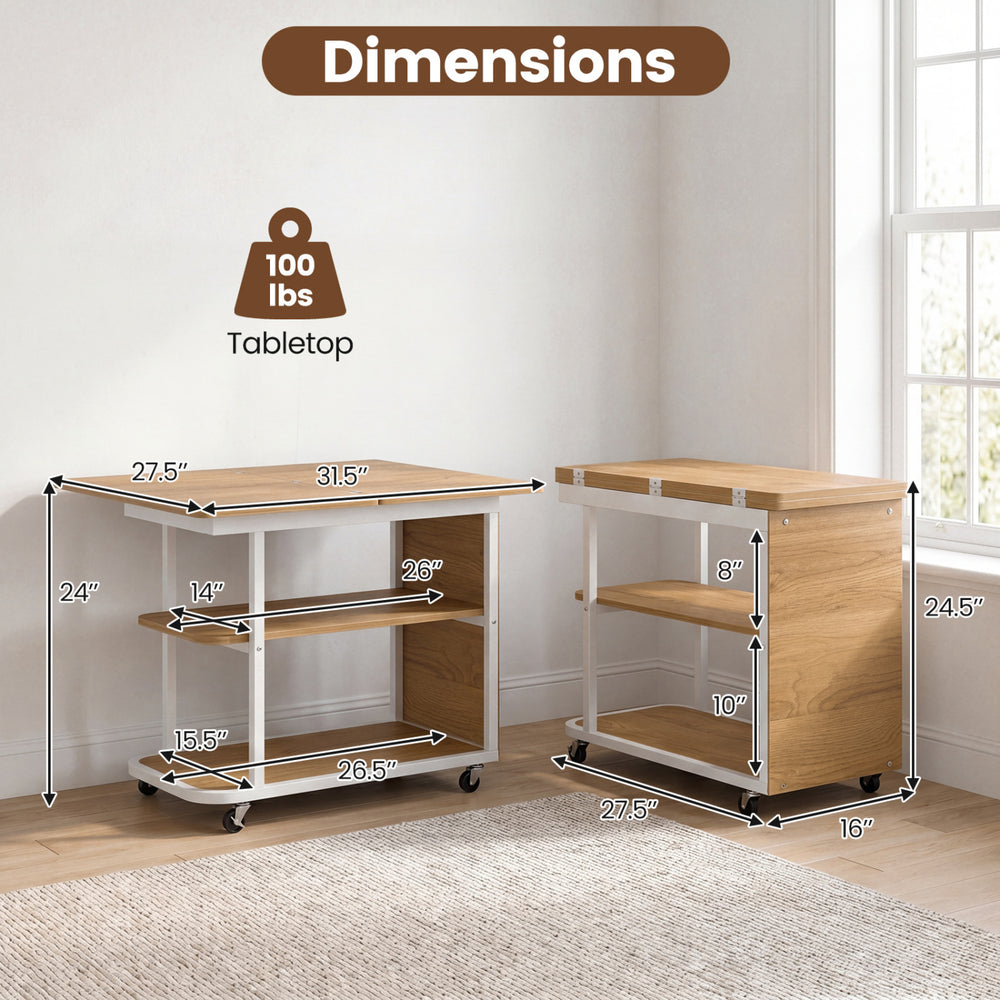 Dimensions of the mobile night stand with a foldable swivel top and 2-tier shelf, designed for convenient small space.