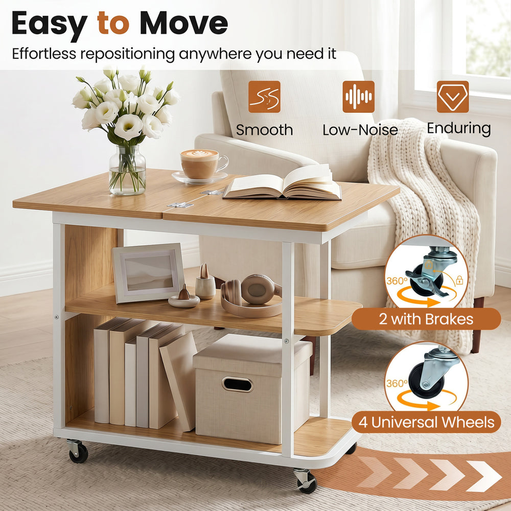 Mobile night stand with foldable swivel top, 2-tier shelf, and 4 universal wheels for easy movement in small spaces.