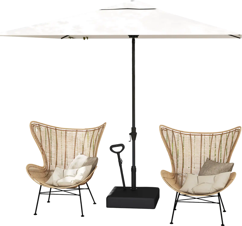 Mobile patio umbrella base with wheels, fillable with sand or water, designed for stability and easy transport.