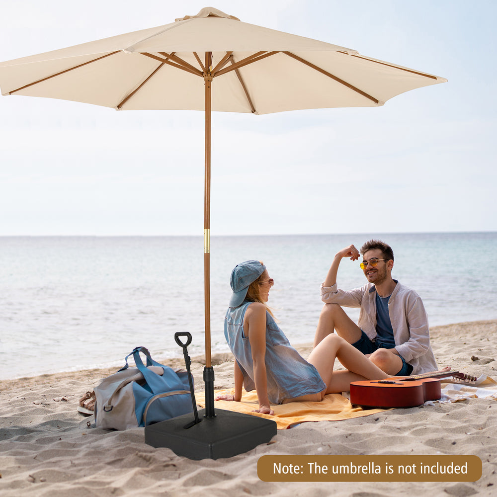 Mobile patio umbrella base in black with wheels, designed for stability and easy transport, perfect for beach or.