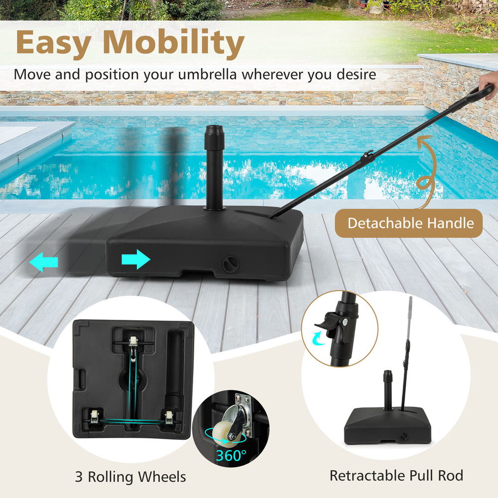 Mobile patio umbrella base with 3 wheels, retractable pull rod, and sand or water fillable for stability. Ideal for.