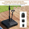 Mobile patio umbrella base with wheels, suitable for 1.89"/1.5"/1.34" poles, fillable with sand or water for stability.