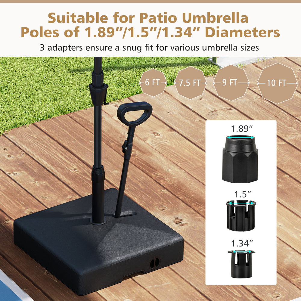 Mobile patio umbrella base with wheels, suitable for 1.89"/1.5"/1.34" poles, fillable with sand or water for stability.