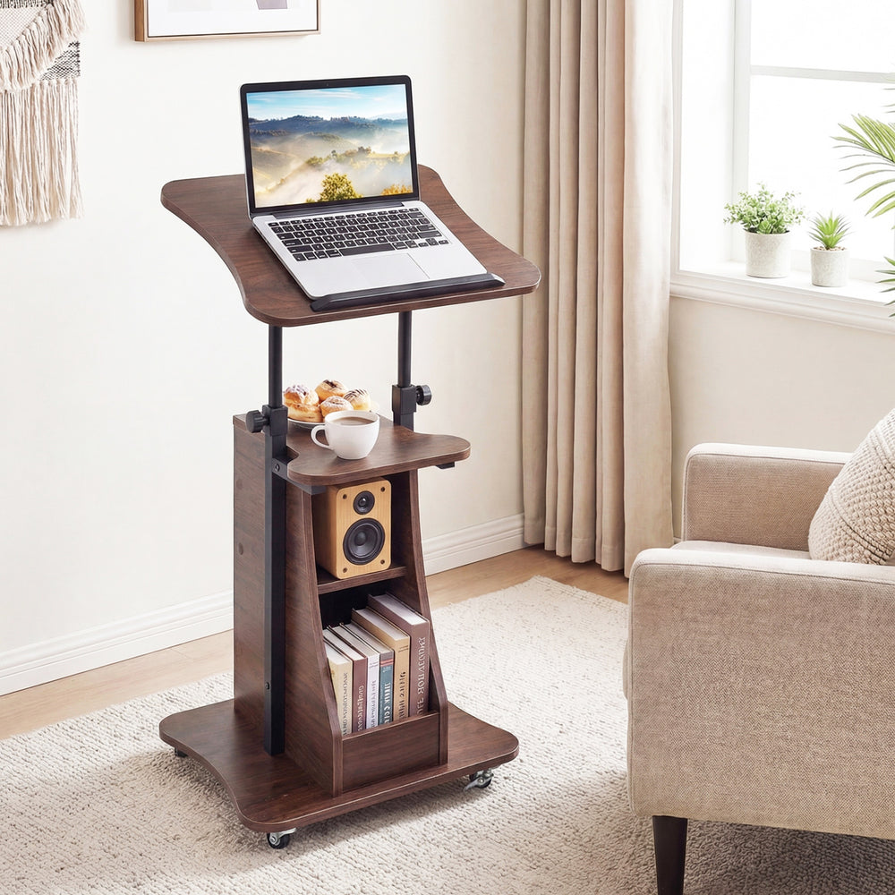 Height-adjustable mobile podium stand in brown with tilting tabletop and storage compartments for versatile use.