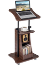 Height-adjustable mobile podium stand in brown with tilting tabletop, storage compartments, and wheels for easy.
