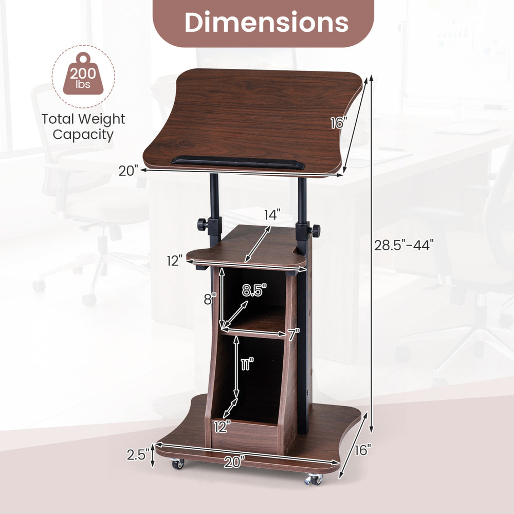 Dimensions chart of the height-adjustable mobile podium stand in brown, featuring tilting tabletop and storage.