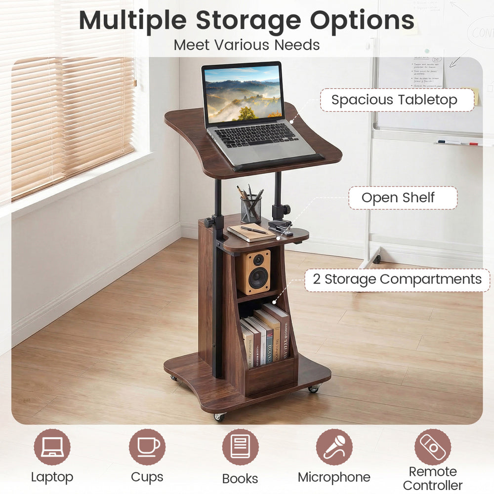 Height-adjustable mobile podium stand in brown with a tilting tabletop and storage compartments for laptops and.