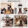 Mobile podium stand with a tilting tabletop and storage compartments, ideal for classrooms and conference settings.