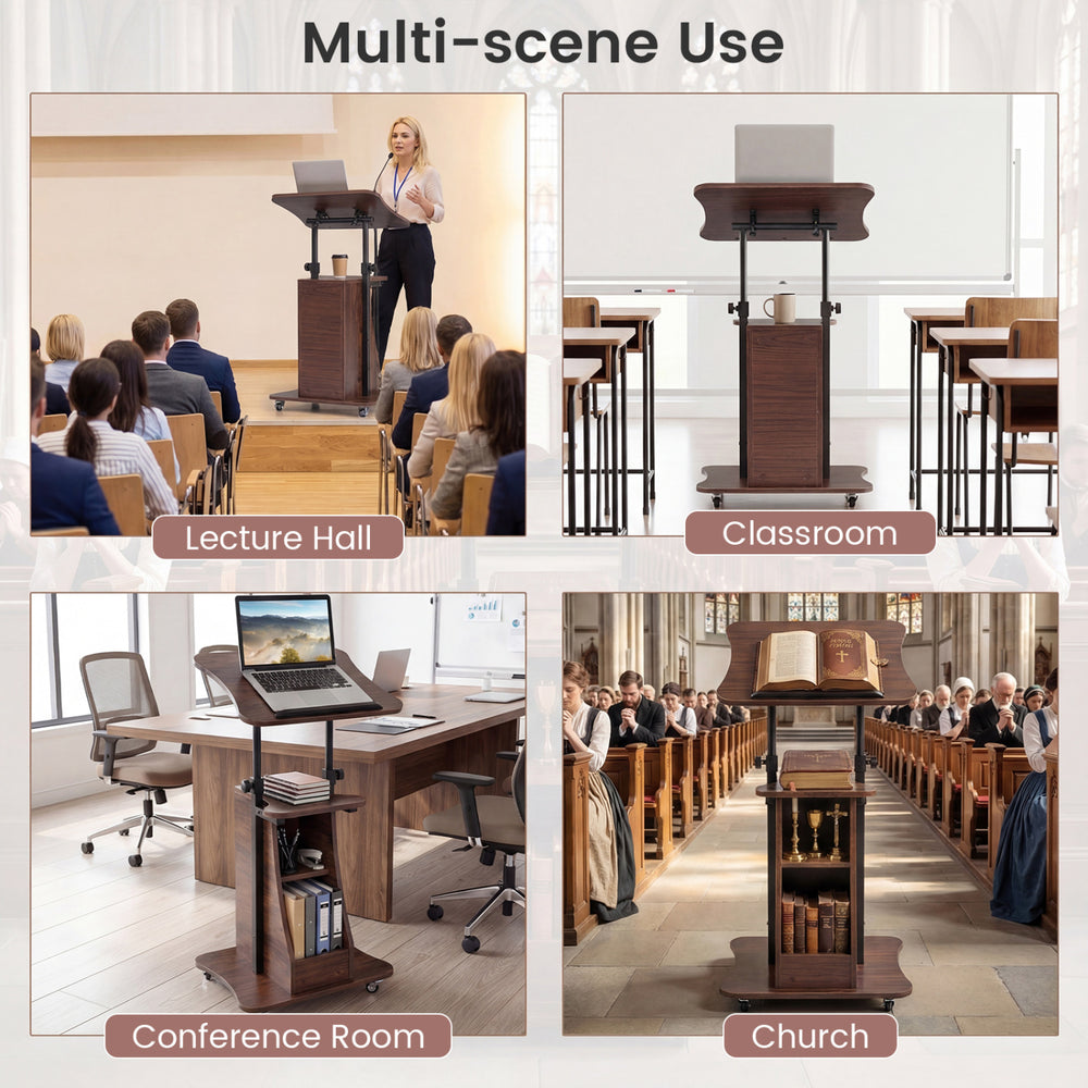 Mobile podium stand with a tilting tabletop and storage compartments, ideal for classrooms and conference settings.