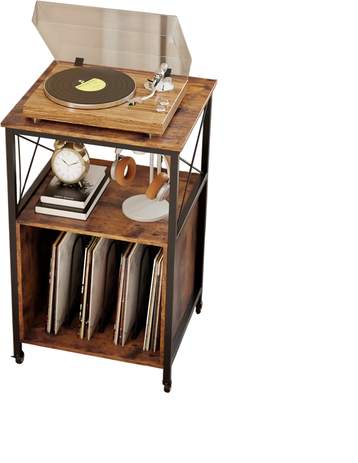 Costway Mobile Record Player Stand Power Outlet Open Shelf Dividers Rustic Brown 451823967 New