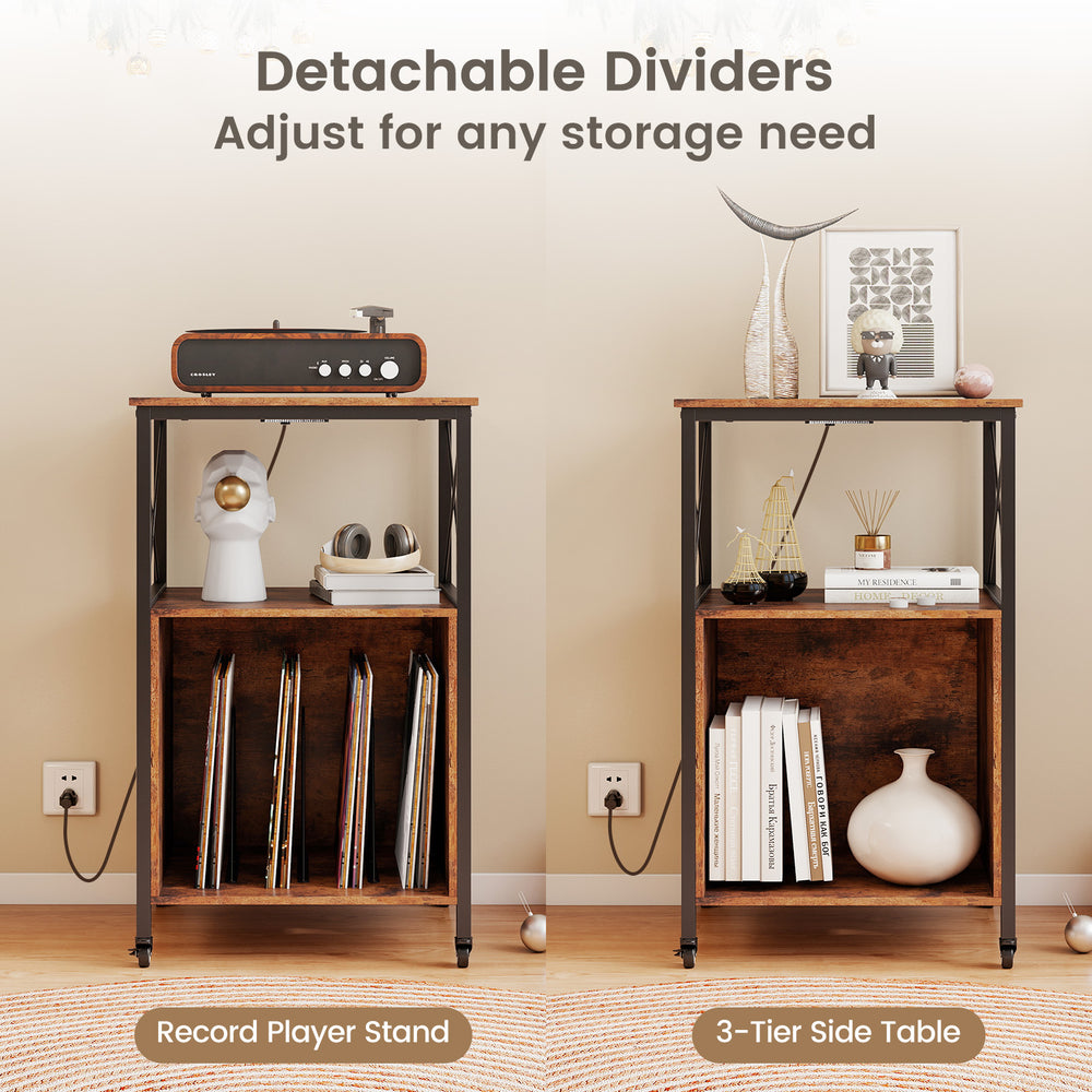 Mobile record player stand in rustic brown with detachable dividers, ideal for vinyl records and media storage.