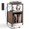 Mobile record player stand in rustic brown with open shelf, dividers, and power outlet, ideal for vinyl records and.