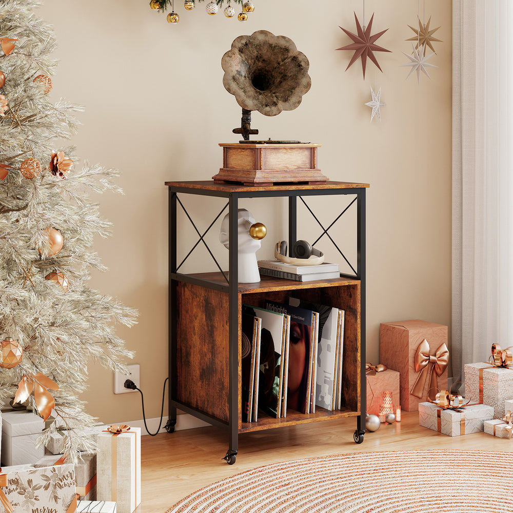 Mobile record player stand in rustic brown featuring a spacious top for decorations and a large compartment for vinyl.