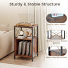 Mobile record player stand in rustic brown with open shelf, dividers, and sturdy metal frame for vinyl storage.