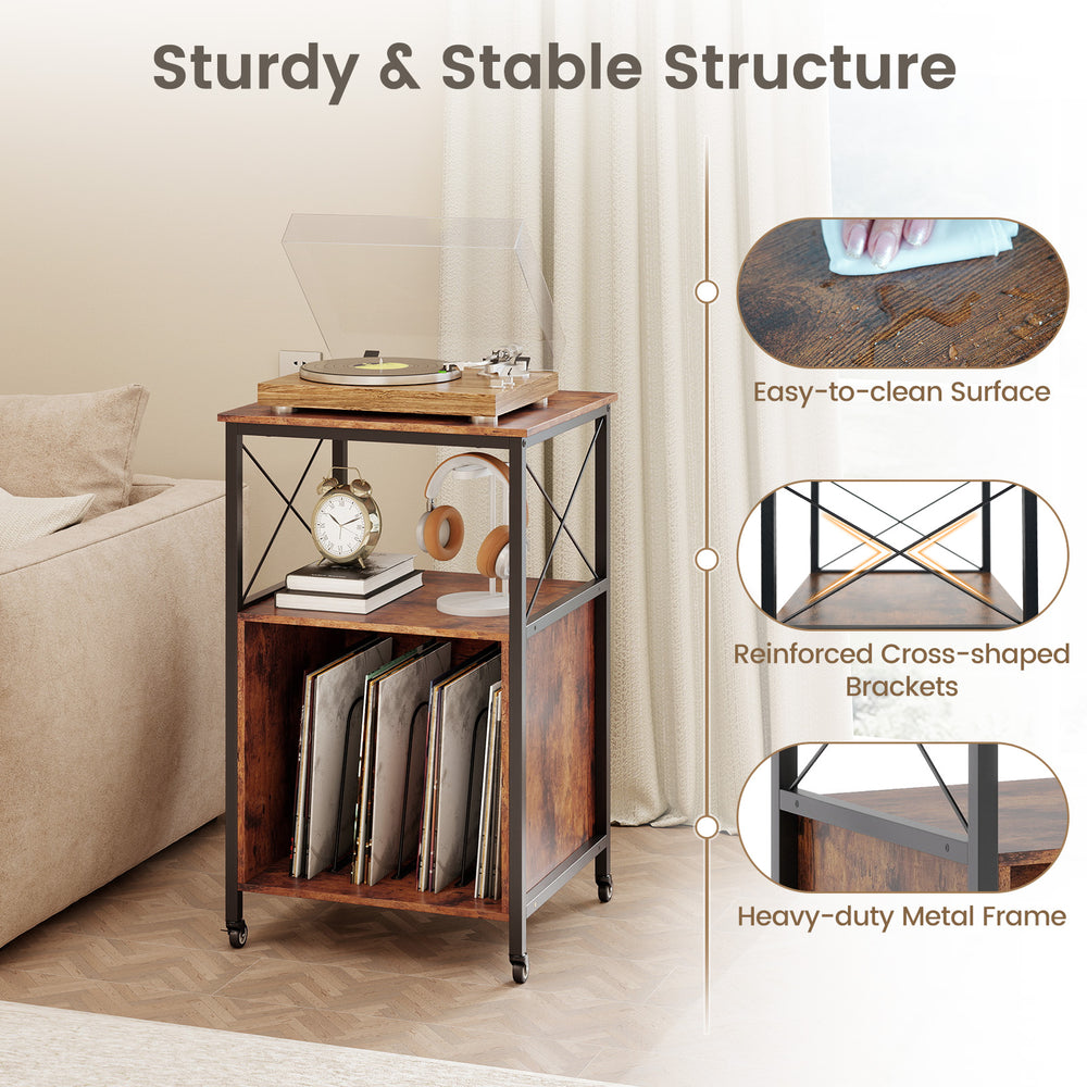 Mobile record player stand in rustic brown with open shelf, dividers, and sturdy metal frame for vinyl storage.