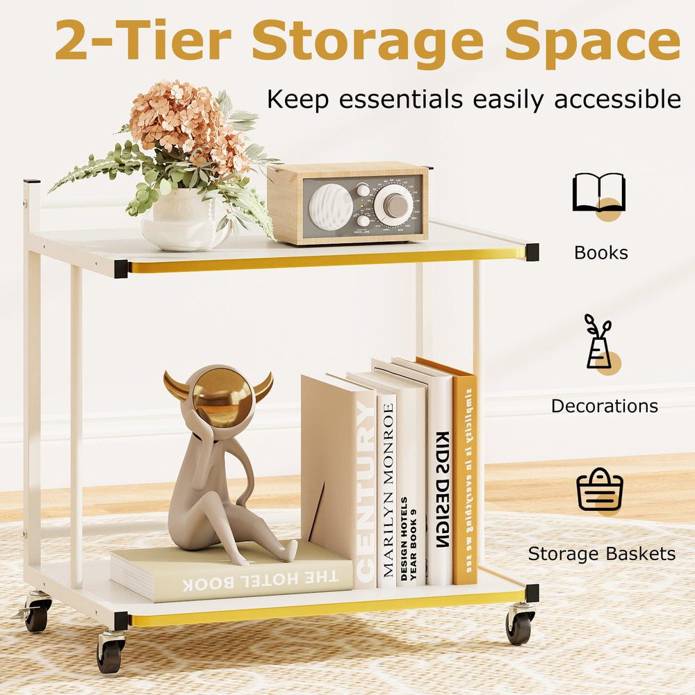 Mobile 2-tier rolling side table with golden trimmed edges, ideal for books and decorations in modern spaces.